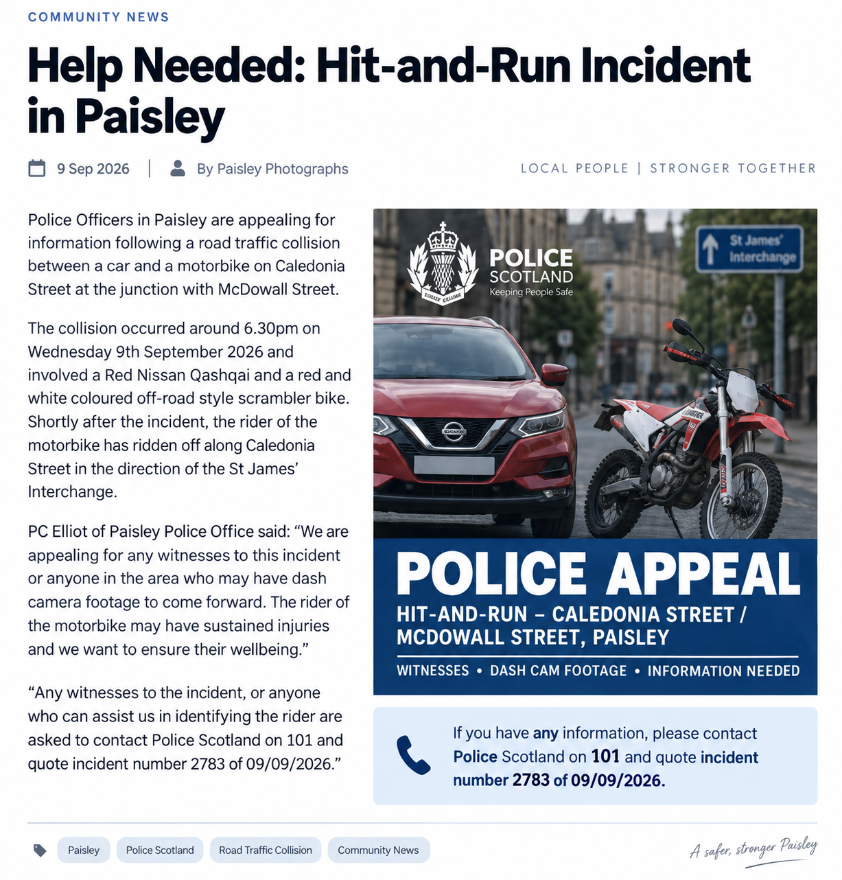 Police Appeal After Hit-and-Run Collision in Paisley